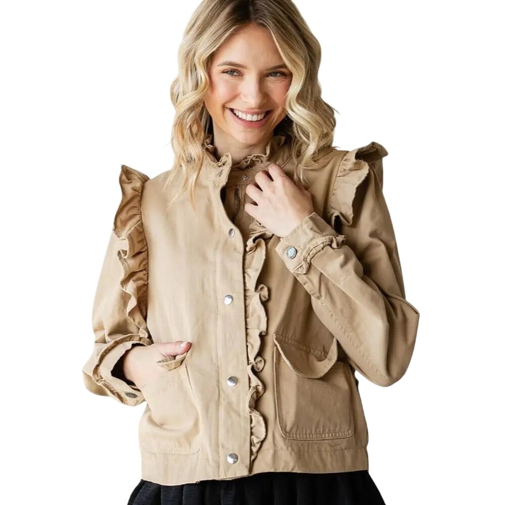NWT Veveret Ruffle Cargo Jacket Khaki Utility Snap Front Pockets Medium